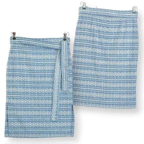 Ann Taylor Embroidered Chambray Tie Waist Pencil Skirt Eyelet Women 8 Side Slits - Picture 2 of 15